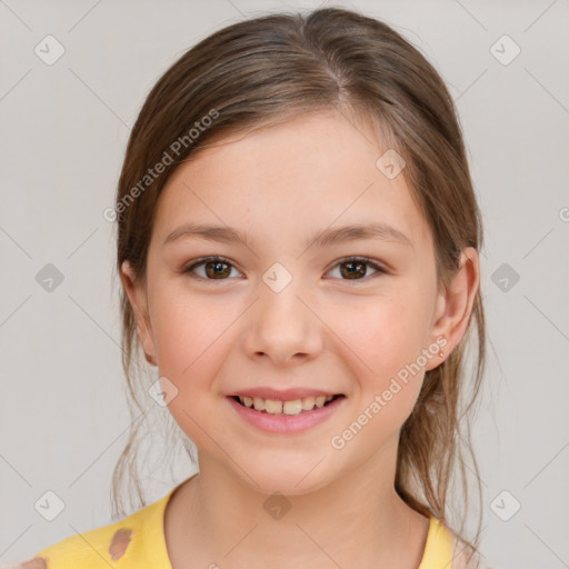 Joyful white child female with medium  brown hair and brown eyes