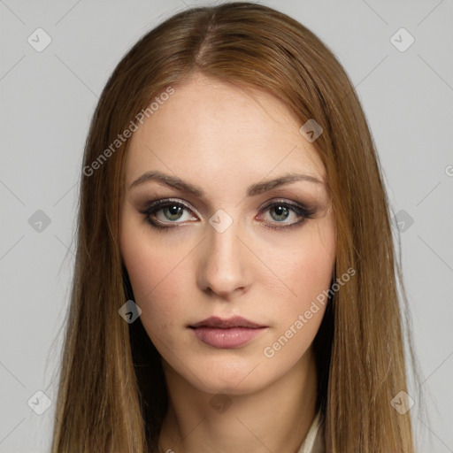 Neutral white young-adult female with long  brown hair and brown eyes