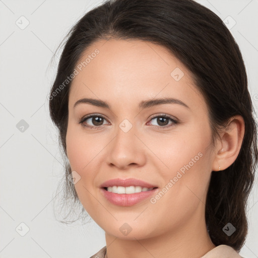 Joyful white young-adult female with medium  brown hair and brown eyes