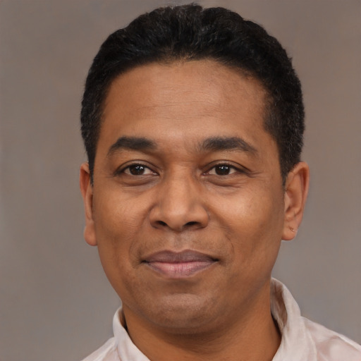 Joyful latino adult male with short  black hair and brown eyes