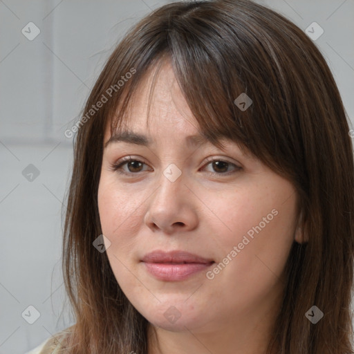 Neutral white young-adult female with medium  brown hair and brown eyes