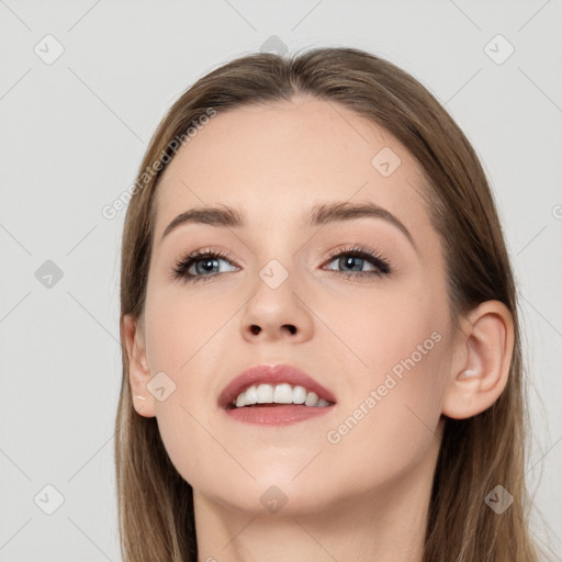 Neutral white young-adult female with long  brown hair and grey eyes