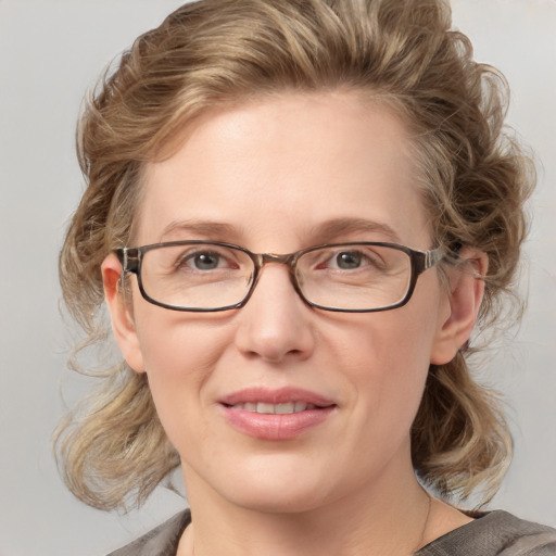 Joyful white adult female with medium  brown hair and blue eyes