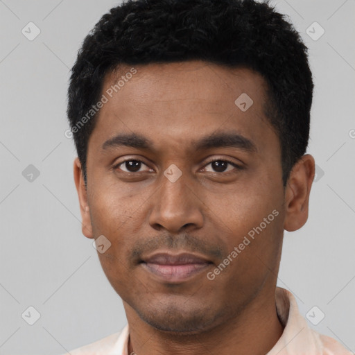 Neutral latino young-adult male with short  black hair and brown eyes
