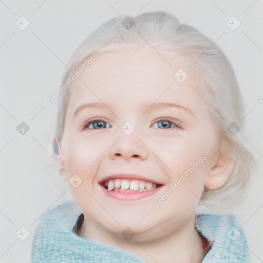 Joyful white child female with medium  blond hair and blue eyes