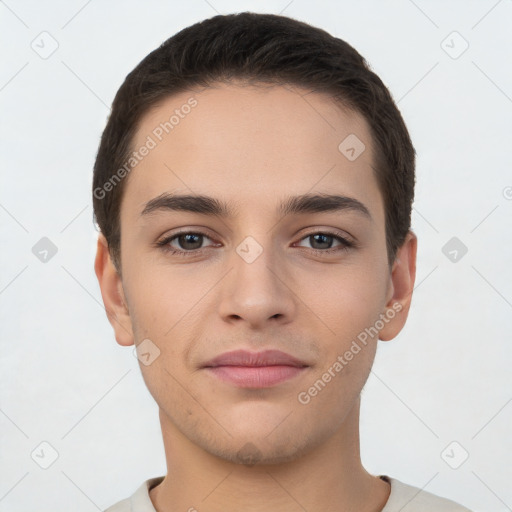 Neutral white young-adult male with short  brown hair and brown eyes