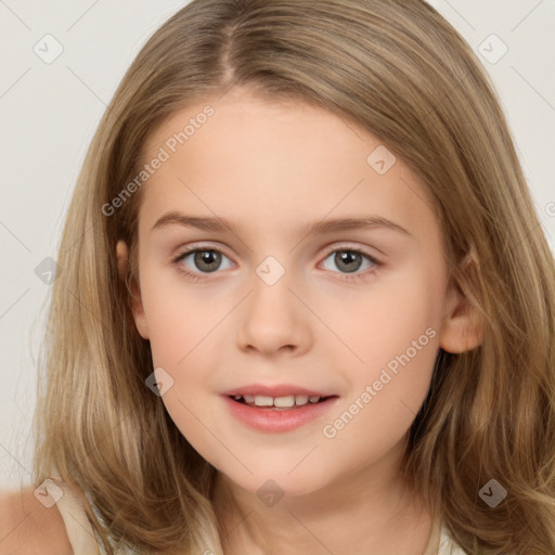 Joyful white child female with medium  brown hair and brown eyes