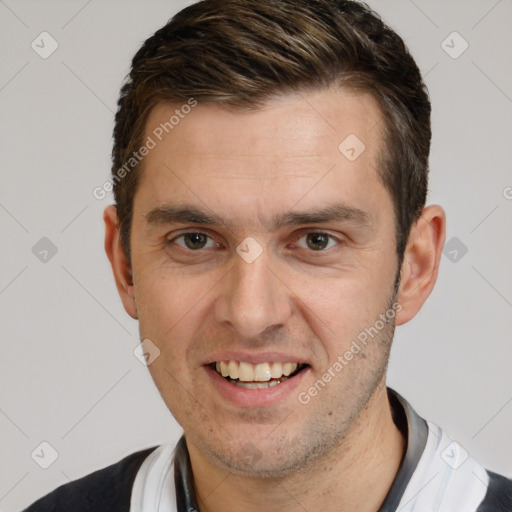 Joyful white young-adult male with short  brown hair and brown eyes