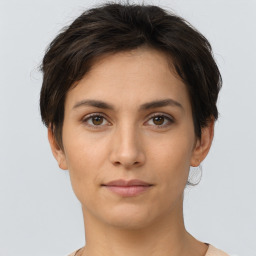 Neutral white young-adult female with short  brown hair and brown eyes