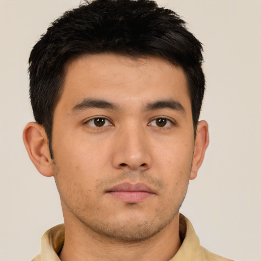 Neutral asian young-adult male with short  brown hair and brown eyes