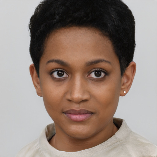 Neutral black young-adult female with short  black hair and brown eyes