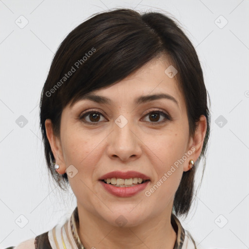 Joyful white young-adult female with medium  brown hair and grey eyes