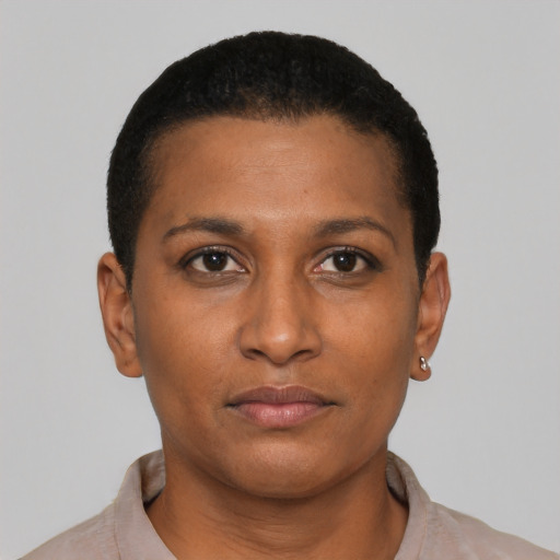 Neutral black young-adult female with short  brown hair and brown eyes