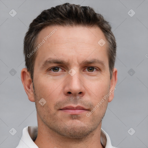 Neutral white adult male with short  brown hair and brown eyes