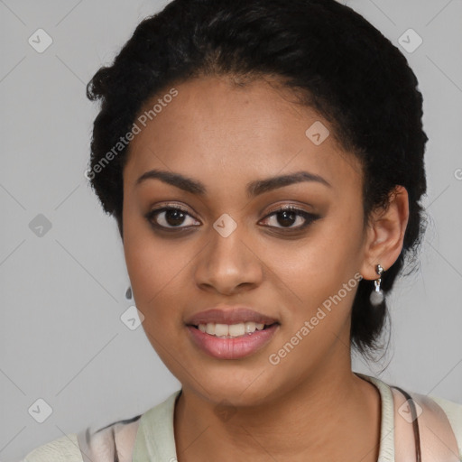 Joyful latino young-adult female with short  black hair and brown eyes