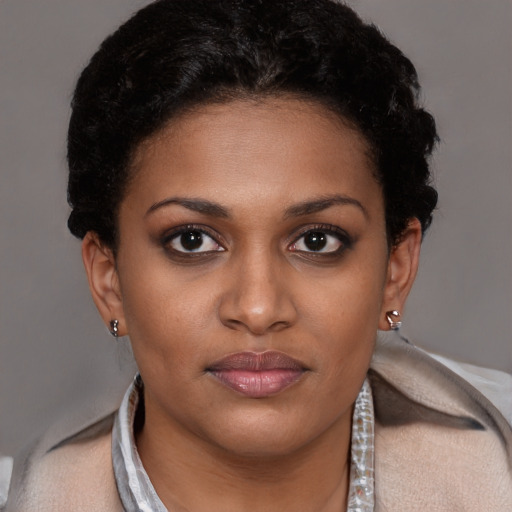 Joyful black young-adult female with short  brown hair and brown eyes
