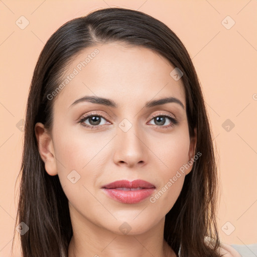 Neutral white young-adult female with long  brown hair and brown eyes