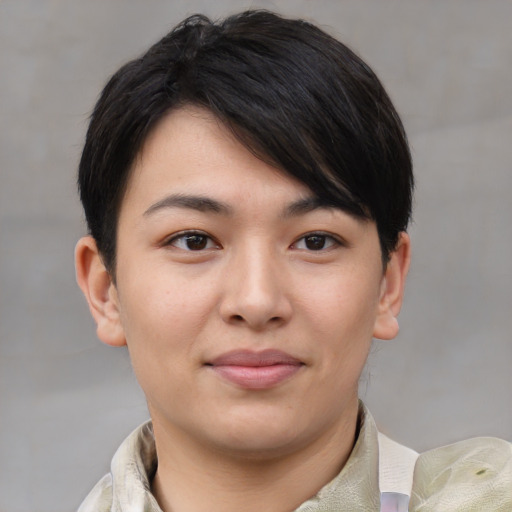 Neutral asian young-adult female with short  brown hair and brown eyes