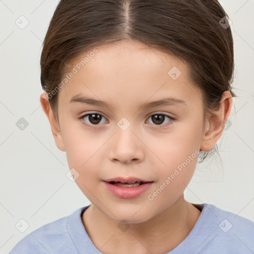 Joyful white child female with medium  brown hair and brown eyes