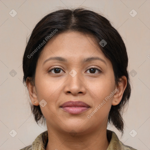 Joyful asian young-adult female with medium  brown hair and brown eyes