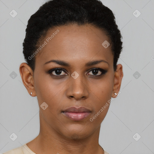 Neutral black young-adult female with short  black hair and brown eyes