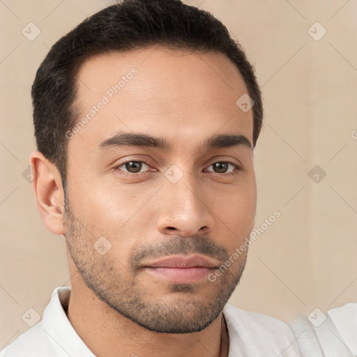 Neutral white young-adult male with short  brown hair and brown eyes