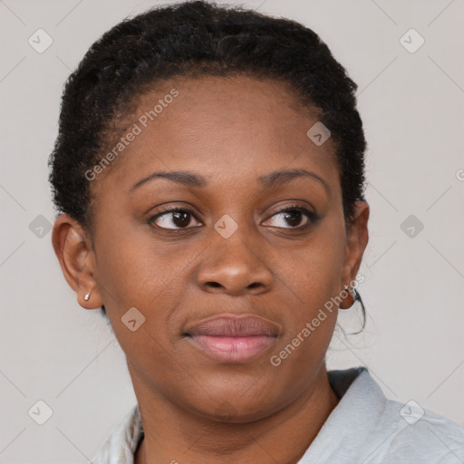 Joyful black young-adult female with short  brown hair and brown eyes