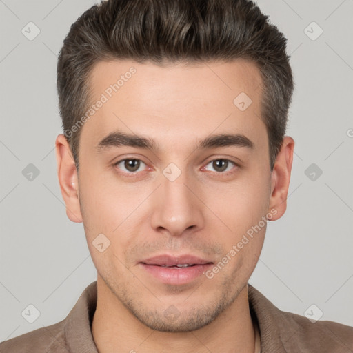 Neutral white young-adult male with short  brown hair and brown eyes