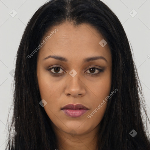 Joyful asian young-adult female with long  brown hair and brown eyes