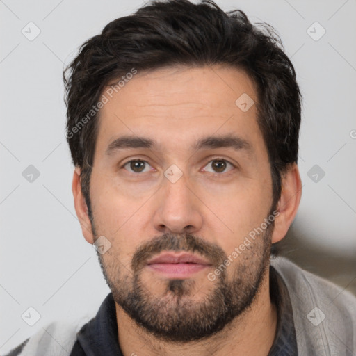 Neutral white adult male with short  black hair and brown eyes