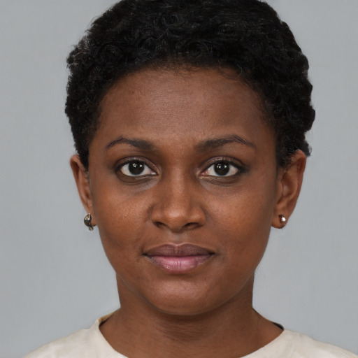 Neutral black young-adult female with short  brown hair and brown eyes