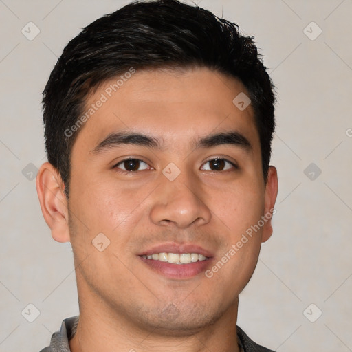 Joyful white young-adult male with short  black hair and brown eyes