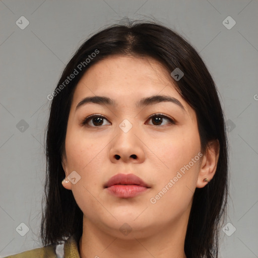 Neutral asian young-adult female with medium  brown hair and brown eyes