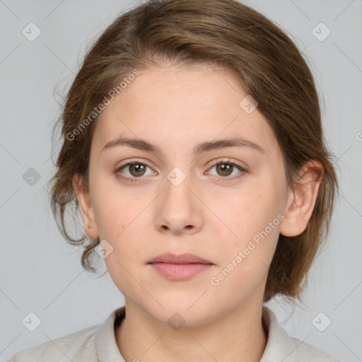 Neutral white young-adult female with medium  brown hair and brown eyes