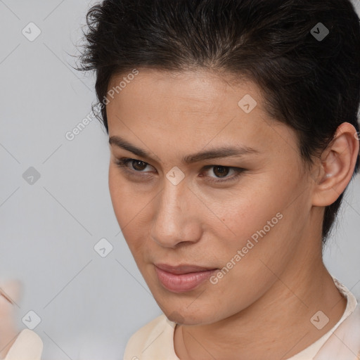 Neutral white young-adult female with medium  brown hair and brown eyes