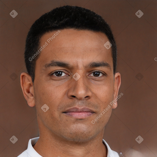 Neutral latino young-adult male with short  brown hair and brown eyes
