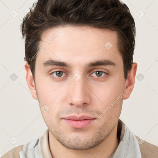 Neutral white young-adult male with short  brown hair and brown eyes