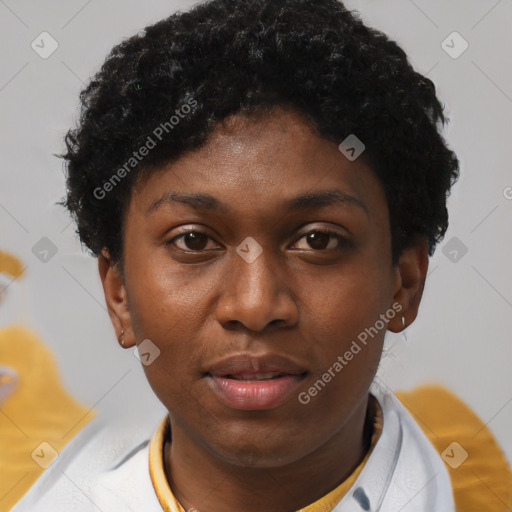 Neutral black young-adult female with short  black hair and brown eyes
