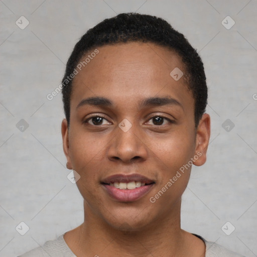 Joyful black young-adult male with short  black hair and brown eyes