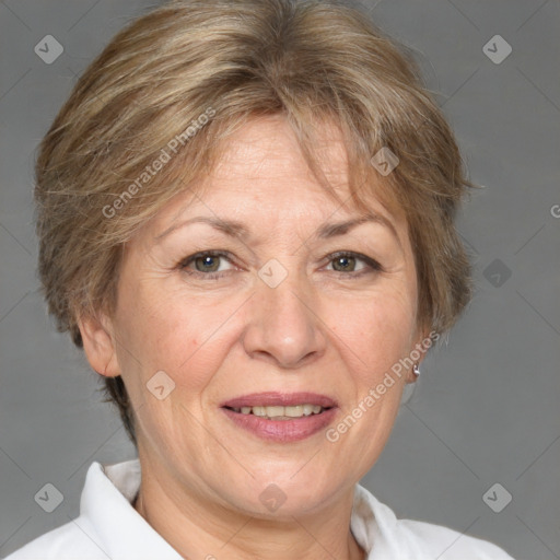 Joyful white middle-aged female with short  brown hair and brown eyes