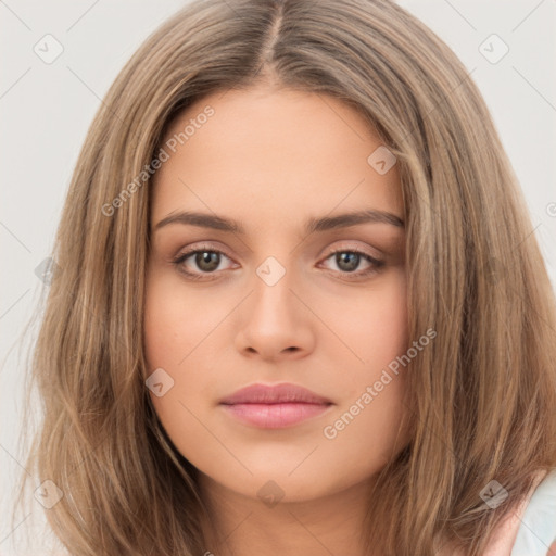 Neutral white young-adult female with long  brown hair and brown eyes