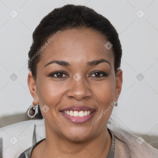 Joyful latino young-adult female with short  brown hair and brown eyes