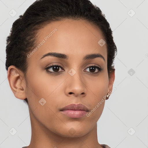 Neutral latino young-adult female with short  brown hair and brown eyes