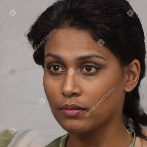 Neutral latino young-adult female with short  black hair and brown eyes