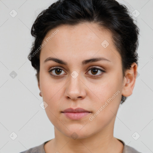 Neutral white young-adult female with short  brown hair and brown eyes