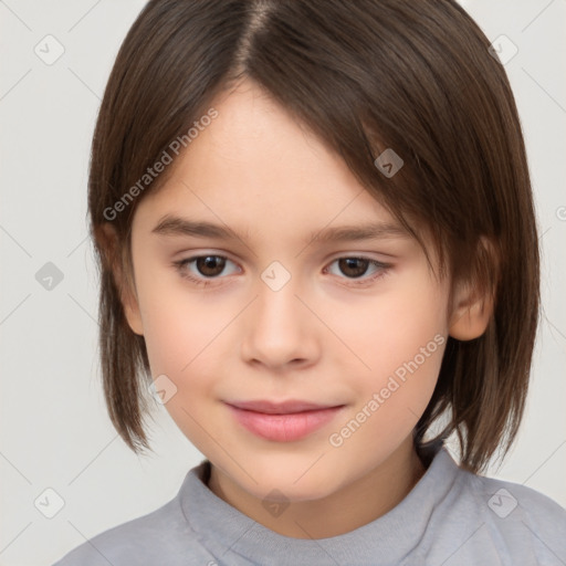 Joyful white child female with medium  brown hair and brown eyes