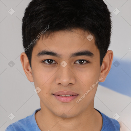 Joyful asian young-adult male with short  brown hair and brown eyes