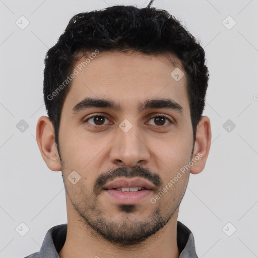 Neutral latino young-adult male with short  black hair and brown eyes
