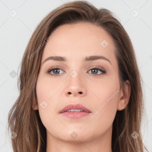 Neutral white young-adult female with medium  brown hair and brown eyes