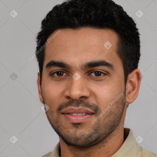 Neutral latino young-adult male with short  black hair and brown eyes